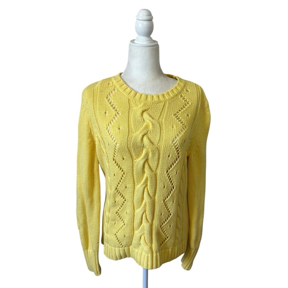 Talbots Yellow Cable Knit Cotton Sweater Women’s Preppy Golf Tennis M Academia